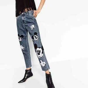 ZARA DISNEY MICKEY BLUE DENIM JEANS HIGH WAISTED